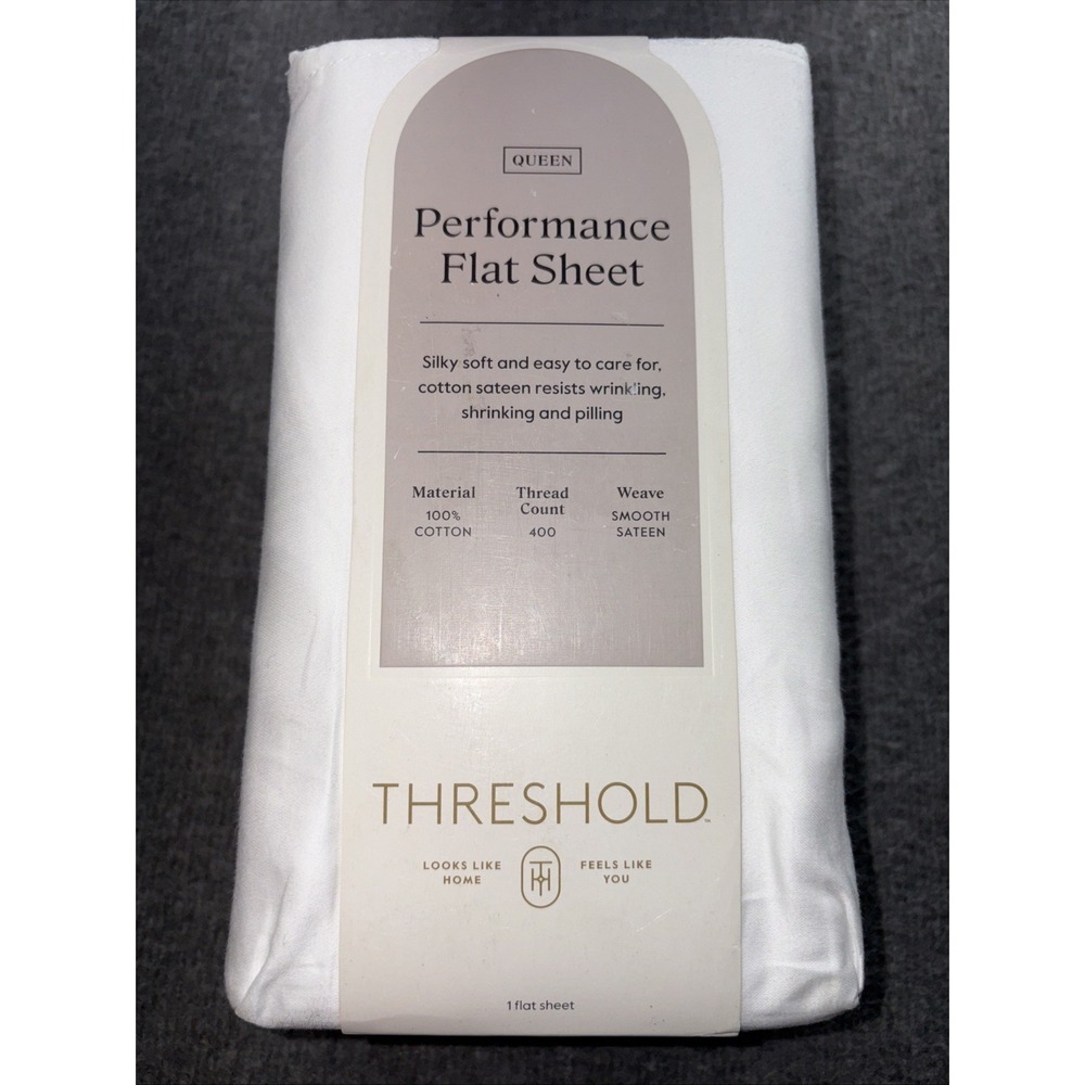 Threshold Queen 400 Thread  Performance Flat Sheet White Cotton Smooth Sateen